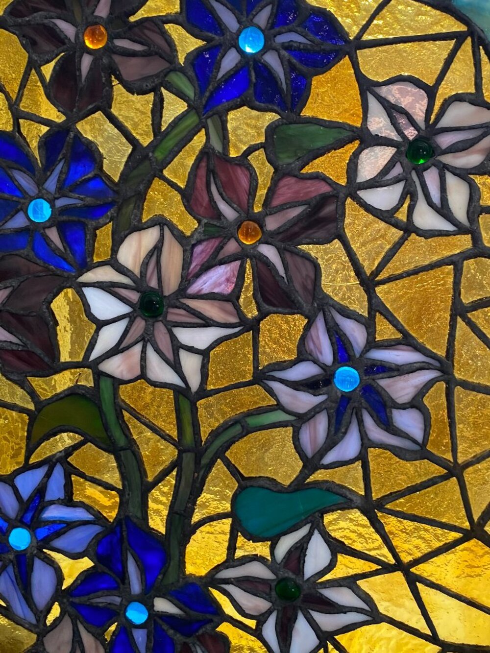 Antique Stained Glass Leaded Panel Victorian Salvage Mosaic Periwinkle Flowers - Picture 10 of 14